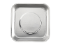 Square stainless steel tray with a round indentation in the center.