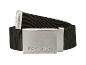 Black fabric belt with a silver buckle and embossed text.