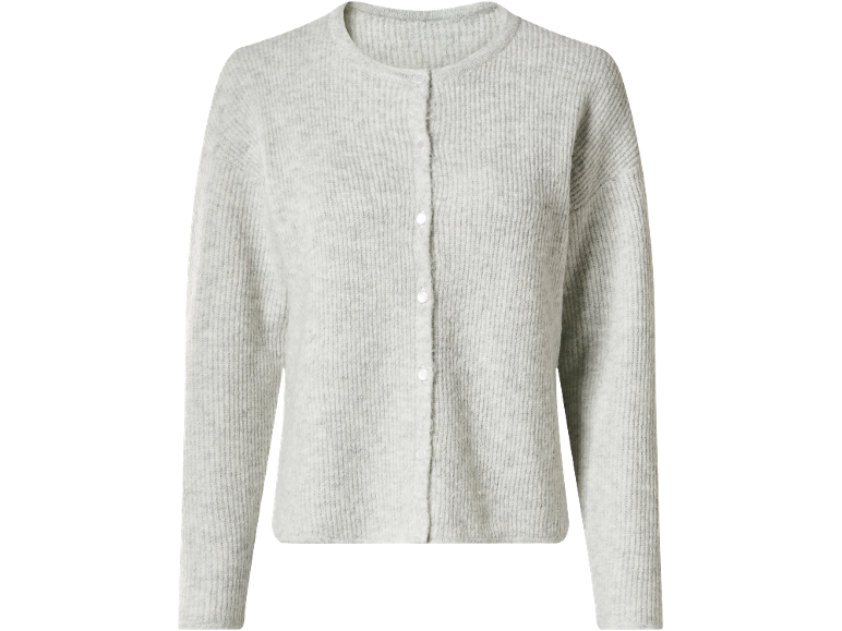 Light grey knitted cardigan with a round neck and front buttons