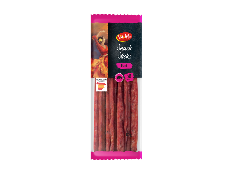 Pack of 8 fuet snack sticks, 80g, with a Spanish dancer.