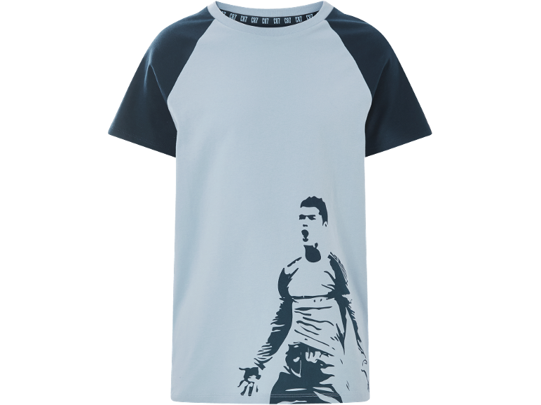Light blue and dark grey short-sleeved t-shirt with a graphic print of a male figure.