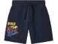 Dark blue kids' shorts with a red and blue superhero print and yellow text.