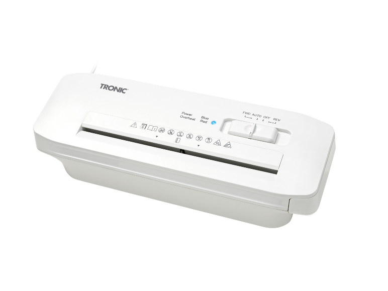 White paper shredder with “TRONIC” lettering and controls.