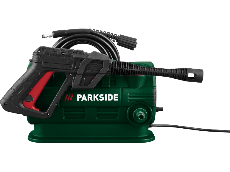 Green pressure washer with black and red spray gun and hose.