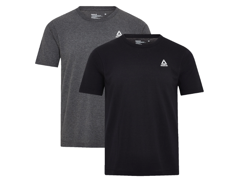 Two men's short-sleeved t-shirts, one dark grey and one black, with a small white logo.