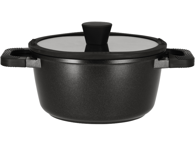 Black cooking pot with a glass lid and side handles.