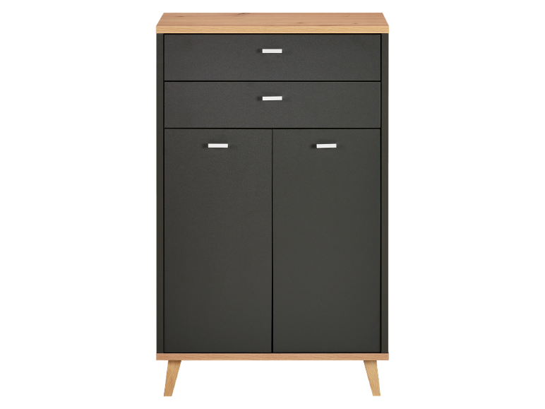 Grey chest of drawers with two drawers, two doors, and a light wooden top.