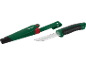Work knife with green and black handle, with green and red sheath.