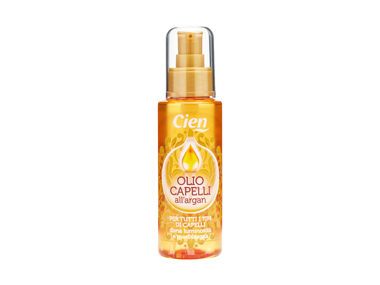 Argan hair oil in a bottle with a dispenser, which gives shine and softness to all hair types.