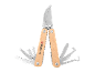Multifunctional garden tool with pruning shears, saw, and other attachments, with wooden handles.
