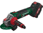 Cordless angle grinder with battery and auxiliary handle, in green and black.