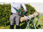 Man cutting a log with a chainsaw on a sawhorse.