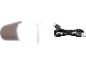 Clear shield, wrench, and black USB cable.