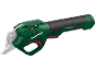 Cordless pruning shears in green and black with a red power button.