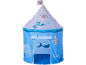 Blue children's play tent with a sea theme, featuring crabs, starfish, and whales.