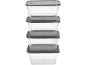 Five stacked clear and grey plastic food containers with lids.