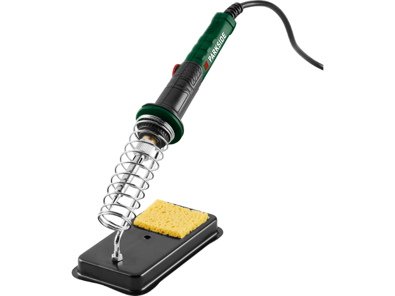 Soldering iron with stand and cleaning sponge