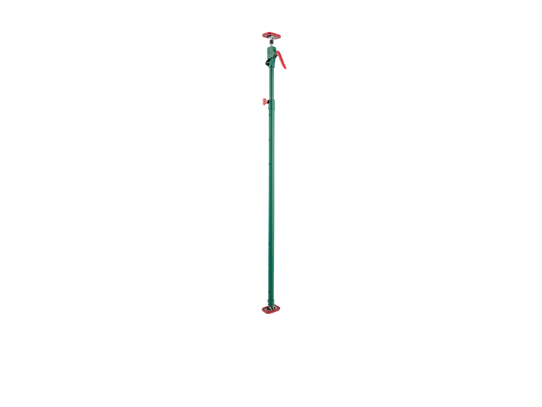 Green telescopic prop with red accents for construction work.