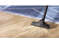 Vacuum cleaner removing dirt from a wooden floor next to a rug.