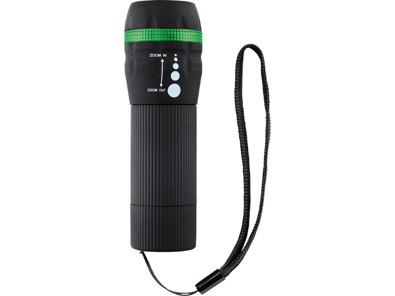 Black flashlight with green ring and zoom function, with lanyard.