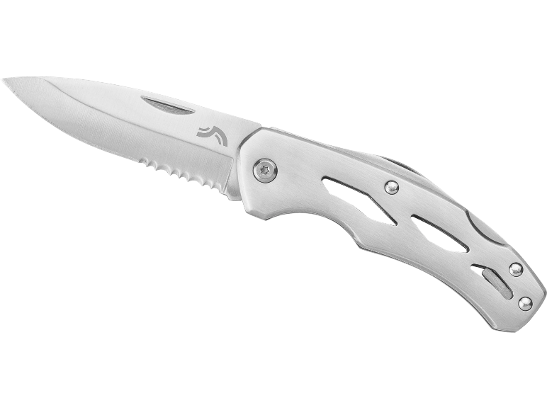 Metal folding knife with a serrated blade and cut-out handle.