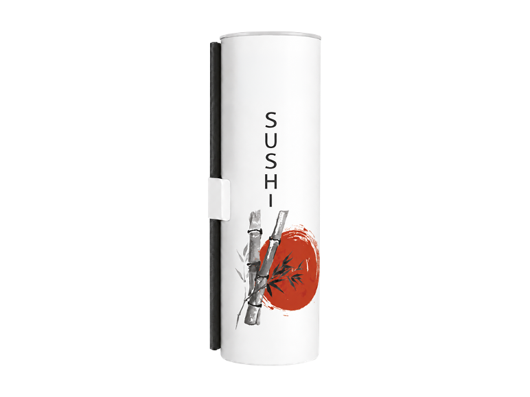 White cylindrical sushi chopstick holder with bamboo illustration and red sun.