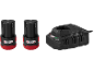 Two rechargeable batteries and a charger for power tools.