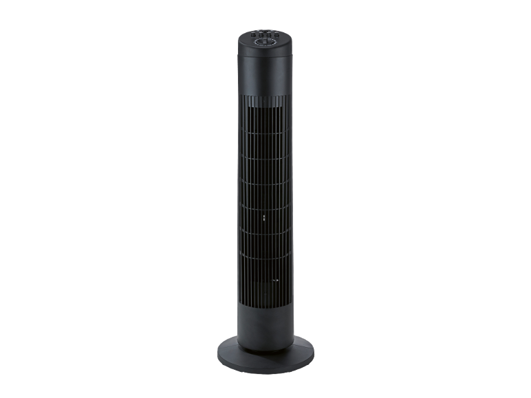 Black tower fan with a top control panel and a round base.
