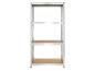 Metal shelving unit with four wooden shelves, ideal for storage.