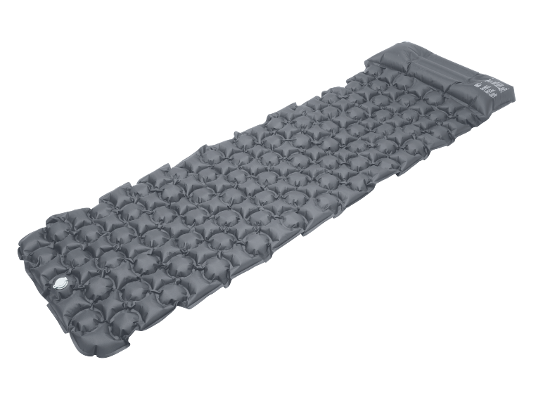 Grey inflatable sleeping pad with a pillow, featuring a textured surface.