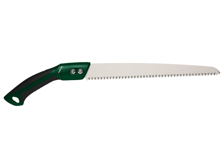 Pruning hand saw with a green handle and a serrated blade.