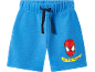 Blue shorts with an elastic waistband, black drawstring, and a red superhero mask print.