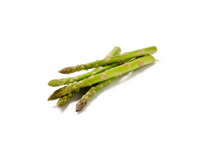 Bunch of fresh green asparagus on a white background.