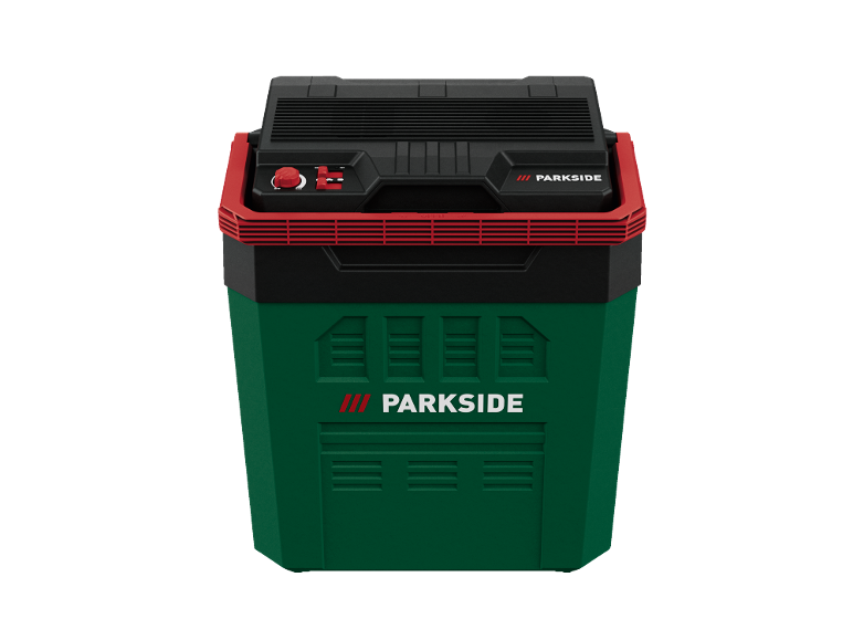 Green and black portable cooler with red accents and control panel.