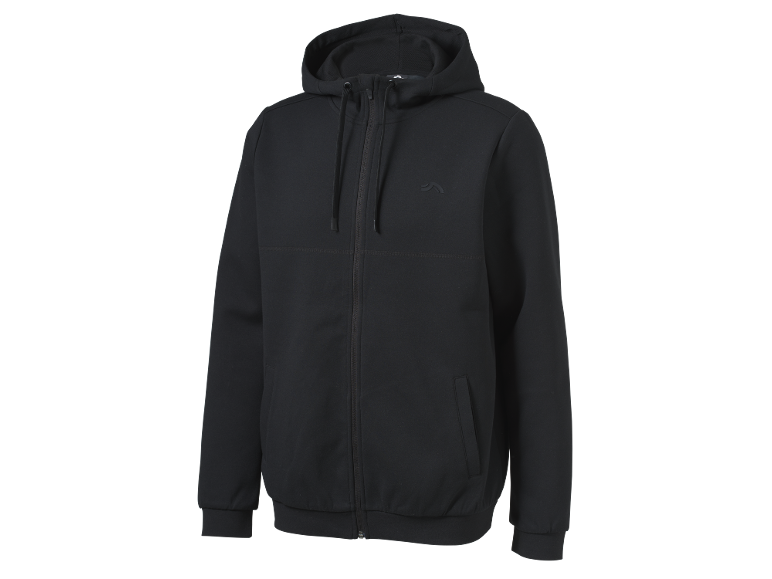 Men's black hooded zip-up sweatshirt.