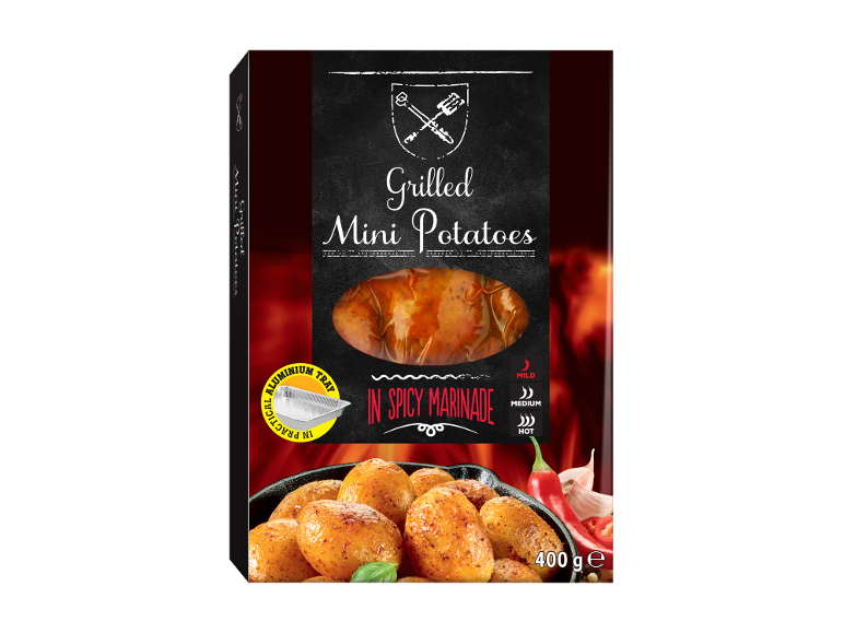Grilled mini potatoes in spicy marinade, 400g, with an aluminum tray.