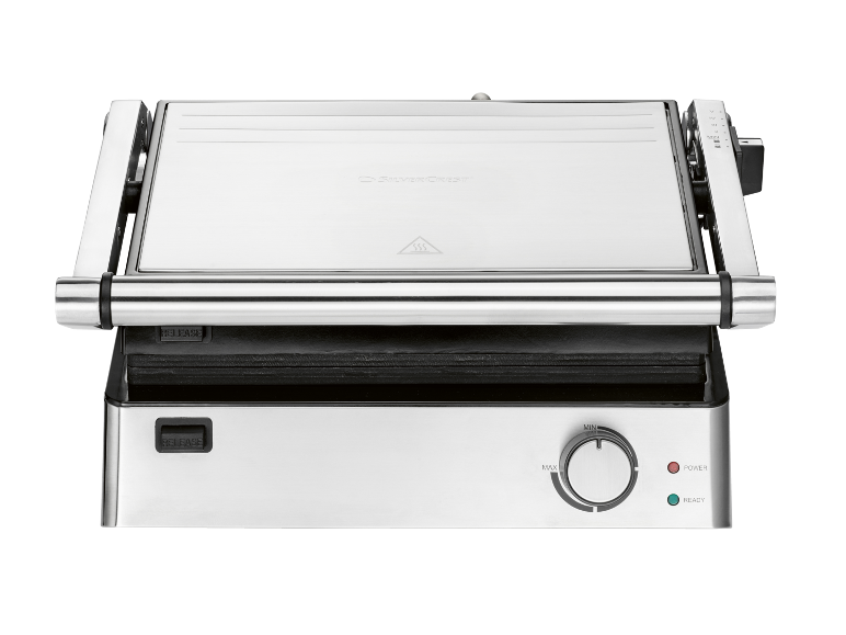 Silver contact grill with temperature control and power/ready indicators.