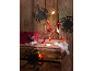 Halloween string lights with ghosts, pumpkins, and bats, on wooden crates with spider decorations.