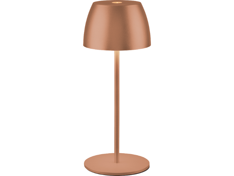 Copper table lamp with a round base and shade.