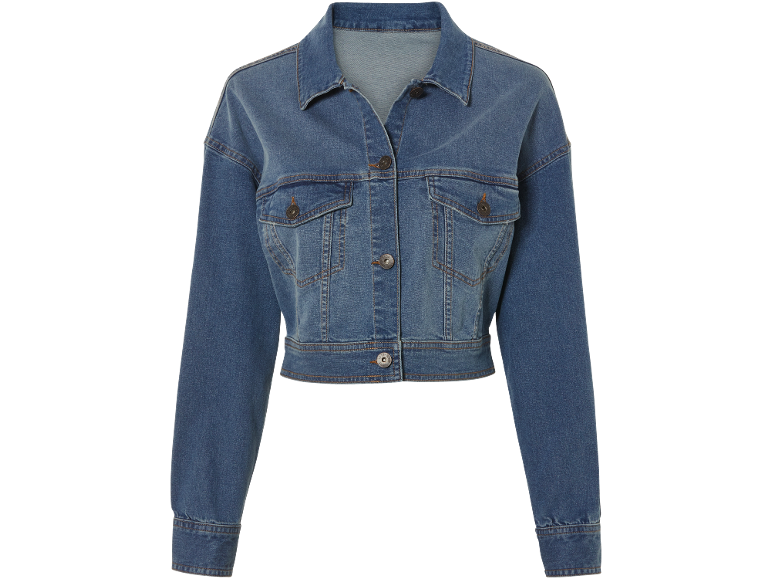 Women's blue denim jacket with chest pockets and buttons