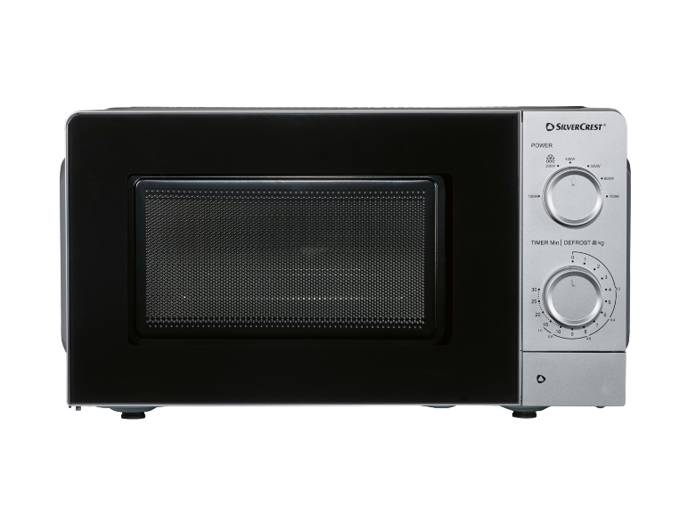 Black microwave oven with silver power and timer dials.