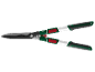 Green and white hedge shears with red accents and black handles.