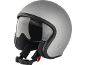 Light grey motorcycle helmet with a visor and black chin strap.