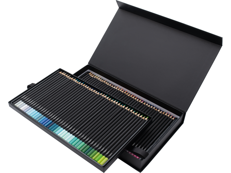 Open black box with 120 colored pencils, sorted by color.