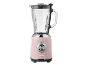 A pink blender with a transparent glass jug and a silver speed dial.