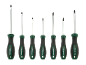 Set of seven screwdrivers with green and black handles, including flathead and Phillips head types.
