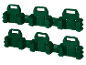 Two rows of green wall-mounted tool holders, each with three holders.
