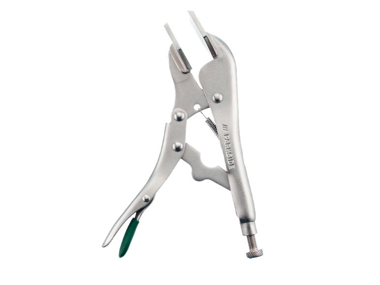 Locking pliers with green handles on a black background.