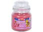 Red strawberry scented candle in a glass jar with a lid.