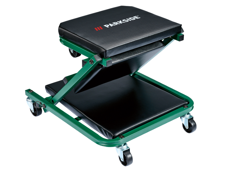 Green folding workshop creeper with black padded seats on wheels.